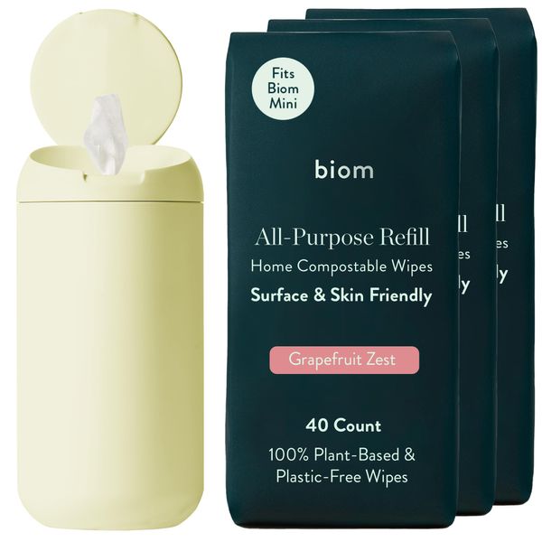 Biom Mini Dispenser + All-Purpose Wipes Starter Kit - Grapefruit Scented Everything Cleaning Wipes | Biodegradable Plant-Based Surface Cleaner | Kid & Pet Friendly, Natural, Non-Toxic (Citrine)