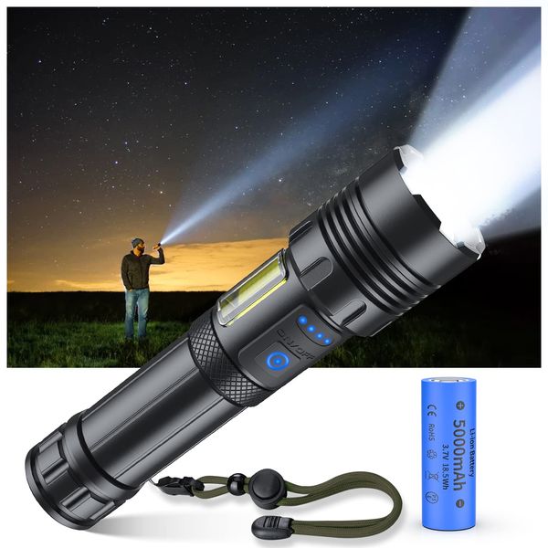 Super Bright XHP160 LED Flashlight, Powerful, Military, Strongest, Handy Light, Type-C USB Rechargeable, LED, White & Red Light, COB Work Light, IPX6 Waterproof, High Brightness, Flashlight, 7 Mode