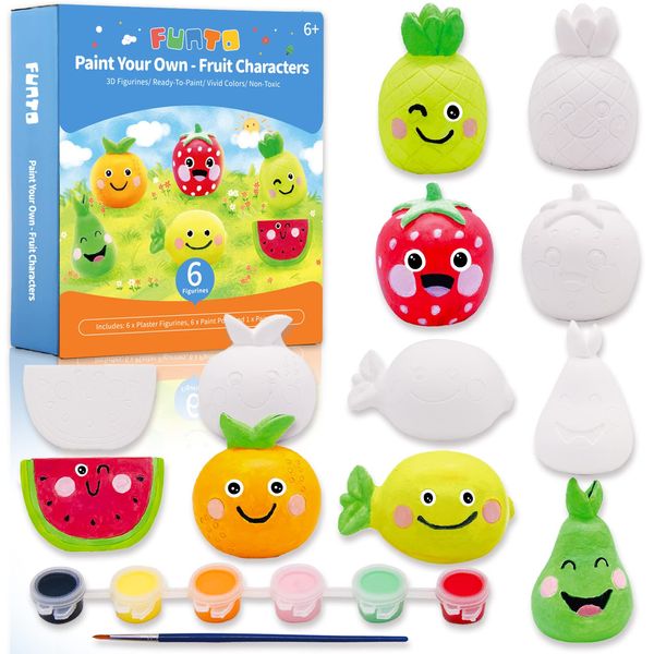 Funto Paint Your Own Fruits Painting Kit, 13 PCS Arts and Crafts Set for Kids, STEAM Projects Creative Activity DIY Toys Gift for Boys & Girls Age 3+, with 6 Figurines, 6 Paint Pots, 1 Brush