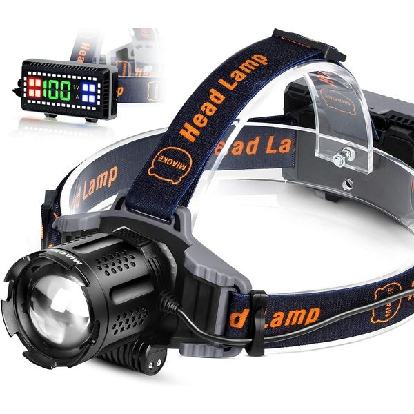 MIAOKE Head Torch, USB Rechargeable Headlamp 100000 Lumen Super Bright IPX5 Waterproof 4 Modes with Power Indicator and Warning Light for Adult Running Outdoor Camping Hiking Fishing/Warrior