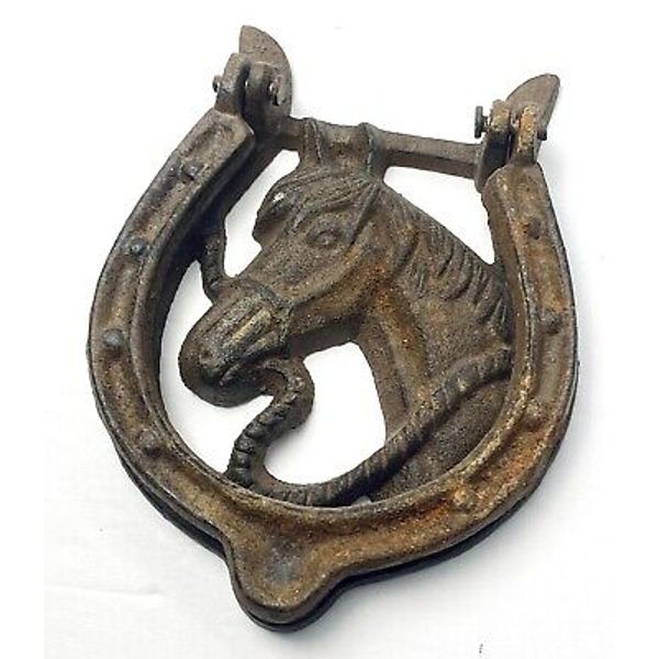 Vintage Horse Shoe Door Knocker Cast Iron Metal Patina Western Derby Equestrian