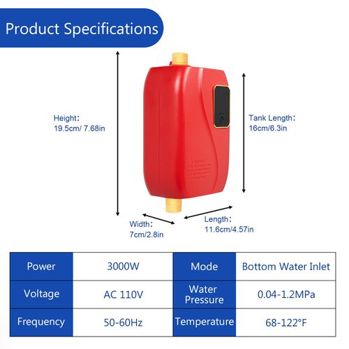 3kW Electric Water Heater, Instant Under Sink Water Heater, Compact Kitchen Hot Water Solution (RED)