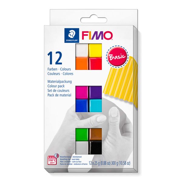 STAEDTLER 8023 C12-1 FIMO Soft Oven Hardening Polymer Modelling Clay - Basic Assorted Colours (Pack of 12 x 25g Blocks)