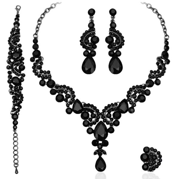 CSY 4 Pcs/Sets Vintage Necklace Earrings Bracelet Ring Retro Bridal Wedding Costume Jewelry Sets for Brides Women Gifts (Black Crystal)