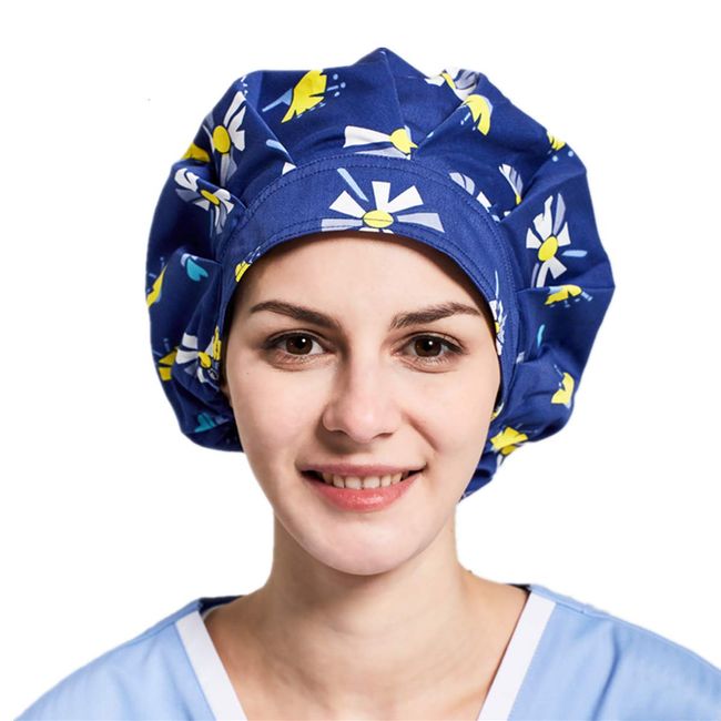 1pc Women's Bouffant Scrub Cap for Long Hair Ladies, Navy Dandelion, Free size