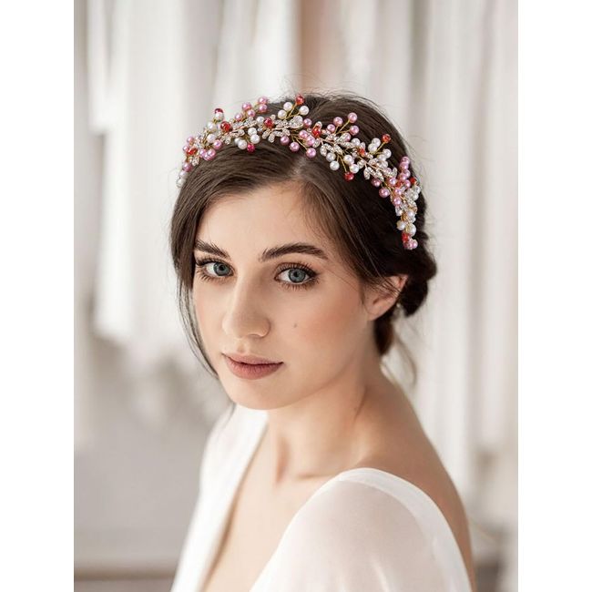 IYOU Perle Hochzeit Stirnband Rosa Blatt Braut Haarband Kristall Brautjungfer Braut Haarteil Haarschmuck für Frauen (Gold)