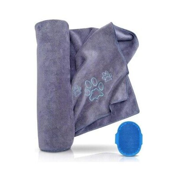 Ultra Soft Grooming Bath Towel for Pets Dogs, Cats quick dry gray &Gift brush