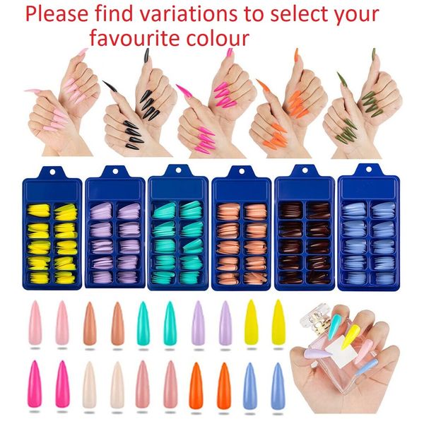 Amni 100 x Natural Look False Nail Tips 10 Sizes Matte Full Cover Long Stiletto/Pointy Fake Nails Art Manicure UK (SALMON POINTY NAILS)