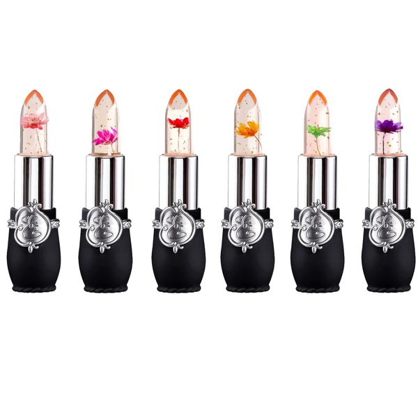 lippenstift mit blume drin Blumenlippenstift für Frauen, Lippenstift, Gelee-Lippenstift für Farbwechsel Lippenstift für Frauen Make-up Kosmetik für Frauen Lipgloss (schwarzes Set, 6 in 1)