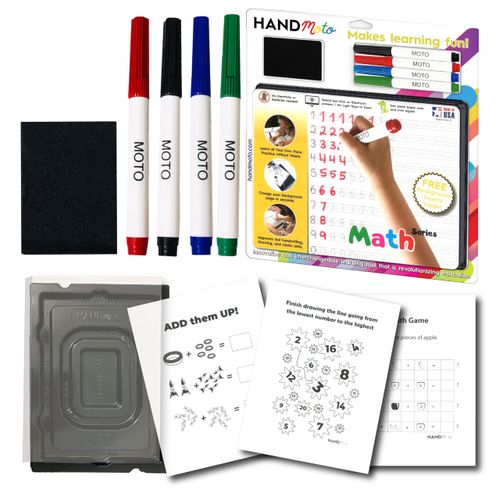HandMoto Preschool Learning Activities Writing Board for Kids - Dry Erase Board for Kids - Educational Toys for 3+ Year Old - Toddler Tracing Board with 10 Math Activity Sheets, 1 Eraser & 4 Markers