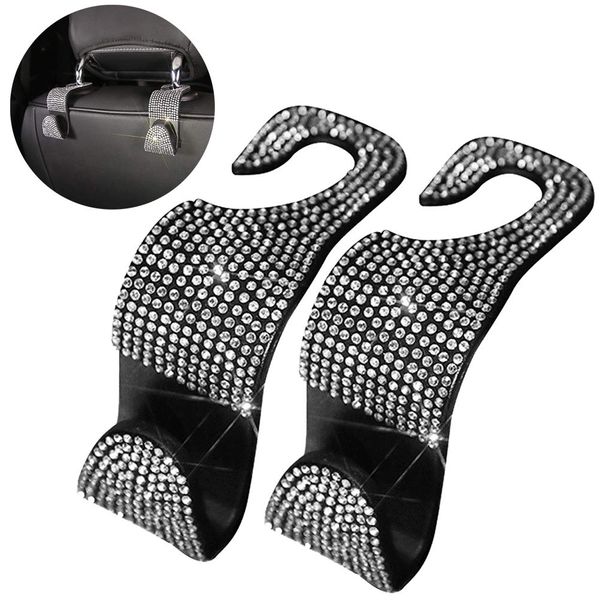 Car Seat Back Hook, 2 Pcs Car Seat Back Purse Holder Hook Bling Rhinestones Hanger Headrest Auto Seat Hook Bling Car Headrest Hooks for Auto Backseat (White)