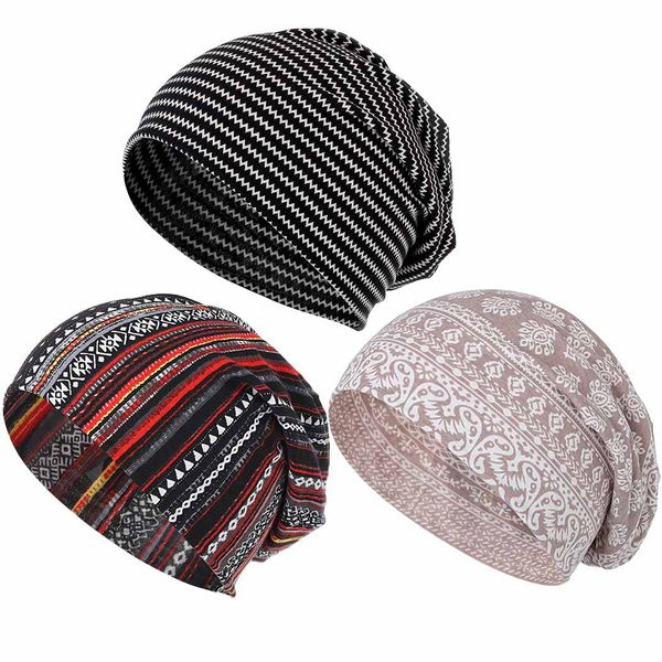 Bohend Bohemian Beanie Hats Headwear Caps Stretch Non Slip Bandanas Sleep Turbans Hats for Women Men Close top Head Covering (Striped Style)