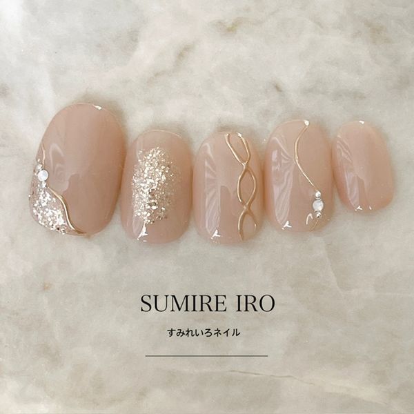 Nail tips False nails Bridal nails Coming of age nails Short long design Simple nails Nails Beige nails Small nails Large nails Very short Chibi nails Adult nails False nails Custom nails<br> [o2117] Milk tea-beige mirror line glitter