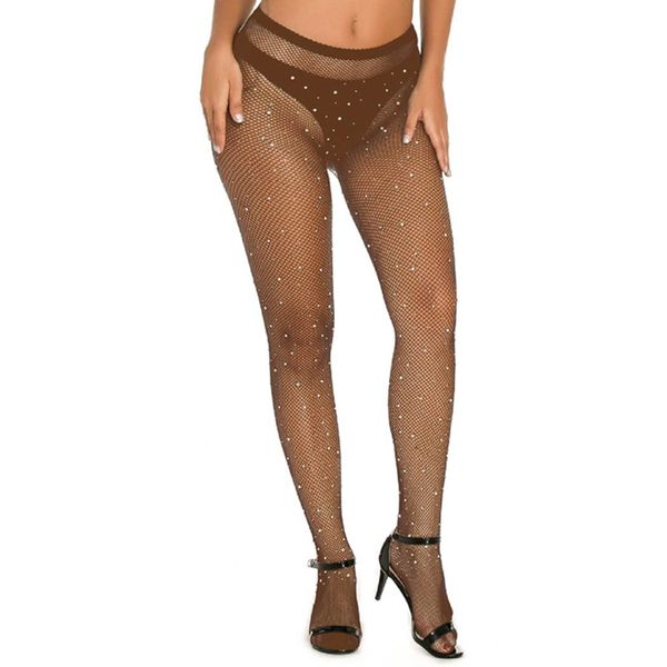 Bohend Rhinestone Fishnet Tights Stockings M/L Sparkle Fishnets Stretchy High Waisted Night Club Pantyhose Party Stocking for Women(Brown)