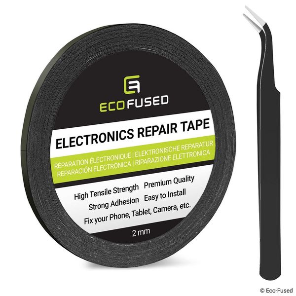 Eco-Fused 2mm Double-Sided Adhesive Sticker Tape - for Smartphone, Tablet, PC, Laptops, LCD, Digitizer, Small Electronic Repair - Includes Pair of Tweezers, Microfiber Cleaning Cloth