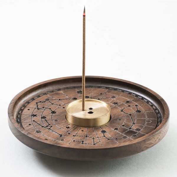 SEEDWAVE Wooden Incense Holder, Walnut Incense Burner with Removable Brass Incense Holder, Joss Stick Holder for Home Decor (Constellation Pattern)