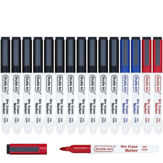 Shuttle Art Dry Erase Markers, Erasable Marker Pens, Magnetic, Eraser, Set of 15, Fine Point, Large Capacity, Dry Erase Board Writing on Glass, Plastic, LED Signs, Office, Work Site, Home, School