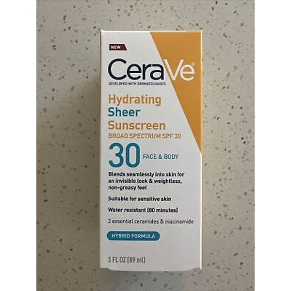 Cerave Hydrating Sheer Sunscreen SPF 30 for Face and Body Mineral Sunscreen 8/24