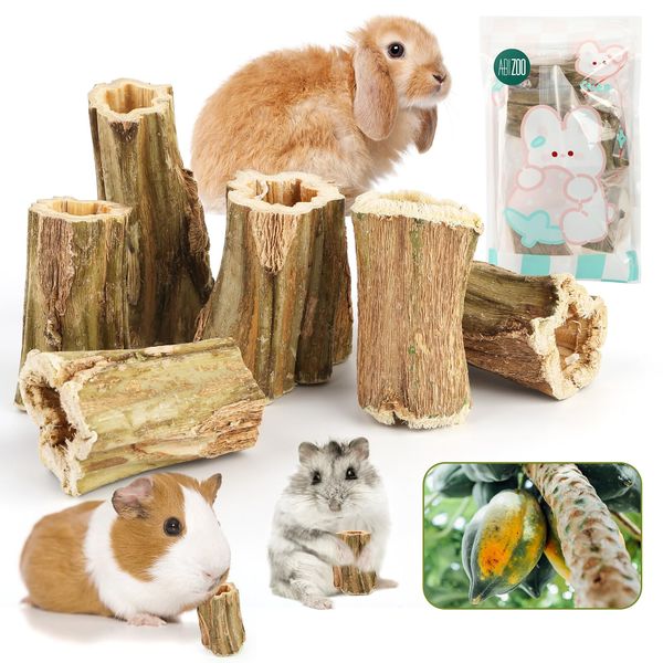 Abizoo Natural Bunny Chew Toys,6 Pcs Organic Papaya Wood Sticks Chew Toys for Rabbit,Hamster,Guinea Pig,Chinchilla,Gerbil,Rat Healthy Chews Teeth Grinding Treats, Squirrel Molar Snack