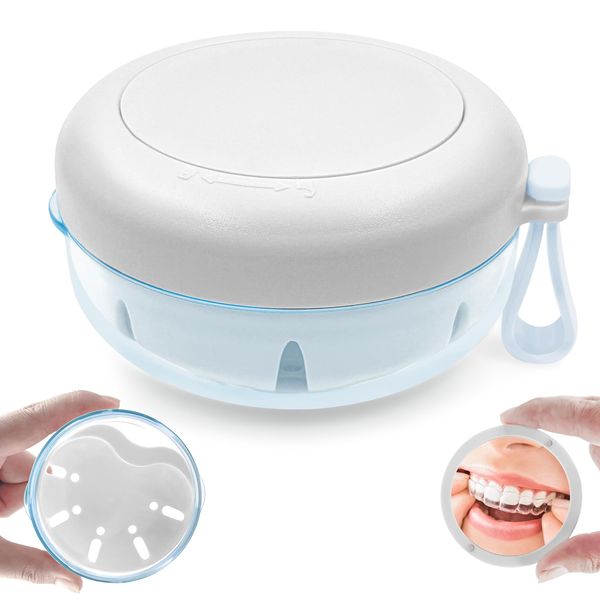 THSTOIC Denture Case & Cup, Travel Retainer Case with Mirror, No-Leak False Teeth Cleaning Container: Full & Partial Dentures Soaking, Denture Bath Holder for Mouth Guards, Braces, Aligners (White)