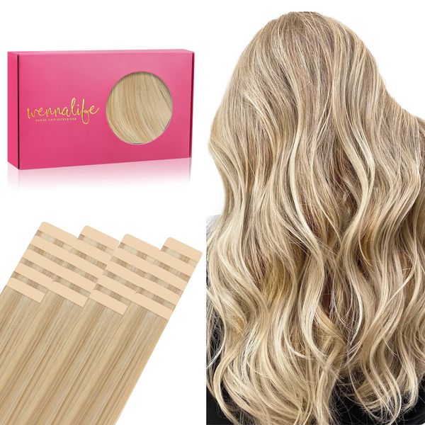 WENNALIFE Tape Extensions Echthaar, 20pcs 50g 50cm 20 Zoll Hellblond Highlights Goldblond Remy Invisible Tape Extensions Seidig Gerade Echthaar Extensions Skin Weft Tape Ins