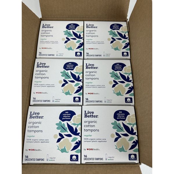 (6) Live Better Organic Cotton Tampons CVS Health Regular 16Ct (96 total)