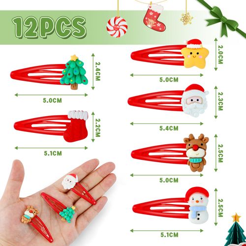 Kiiwah Pack of 12 Christmas Hair Clips Children, Christmas Hair Accessories Cartoon Hair Clips, Christmas Hair Clips Decoration for Girls Children Women (Red)