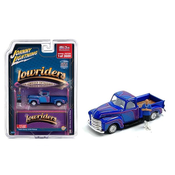 Round 2 1950 Chevy 3100 Pickup Truck Lowrider Blue with Graphics and Diecast Figure Limited Edition to 3600 Pieces Worldwide 1/64 Diecast Model Car by Johnny Lightning JLCP7457