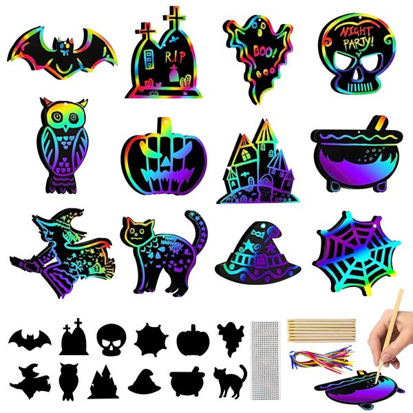 Hiawbon 96PCS Halloween Scratch Paper Art Kit, Halloween Crafts Scratch Paper, 12 Designs Rainbow Scratch Paper Off Cards Set, Scratch Art Paper Ornaments for Halloween Birthday Gift