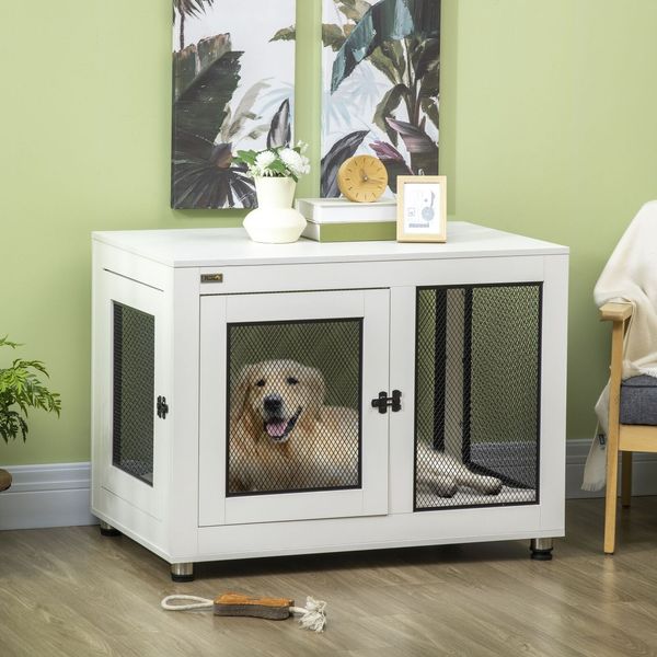 Dog Crate Furniture with Cushion, Double Doors for Large Dogs, White