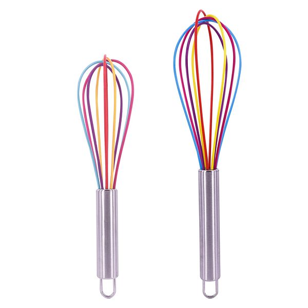 2 Pcs Silicone Whisk Set, Rainbow Whisk Non Stick Hand Whisk Mini Whisk Kitchen Whisk Manual Egg Beater Silicone Balloon Whisk Small Plastic Whisk Egg Stirrer for Mixing Cooking Baking Hot Chocolate