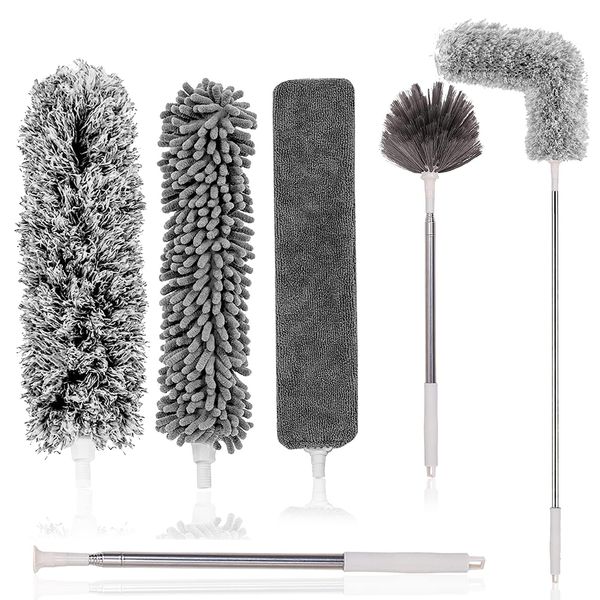 Tiumso Microfiber Feather Duster 5-in-1 Kit, Dusters for Cleaning, Duster with Extension Pole 100 Inches, Cobweb Duster, Microfiber Dusters for High Ceilings and Fans, Blinds, Cars and Furniture