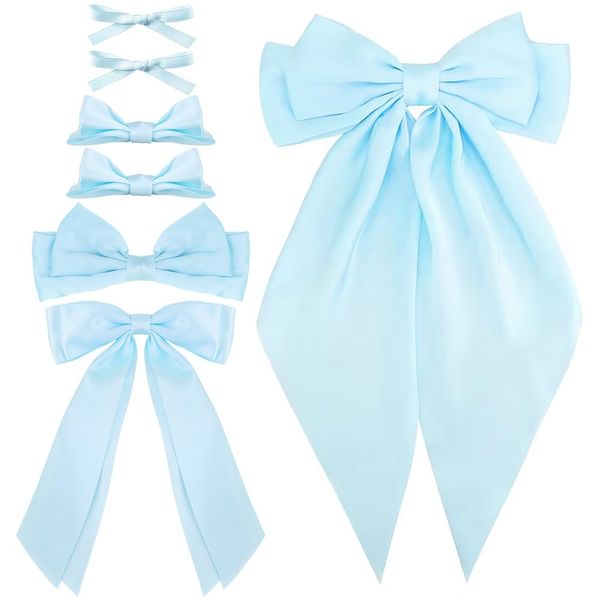 Ahoney 7 Pack Light Blue Bows for Hair Bows Silky Satin Hair Bow Hair Clips Long Tail Multi Style French Hair Ribbon Coquette Bows Hair Barrettes for Women Girls