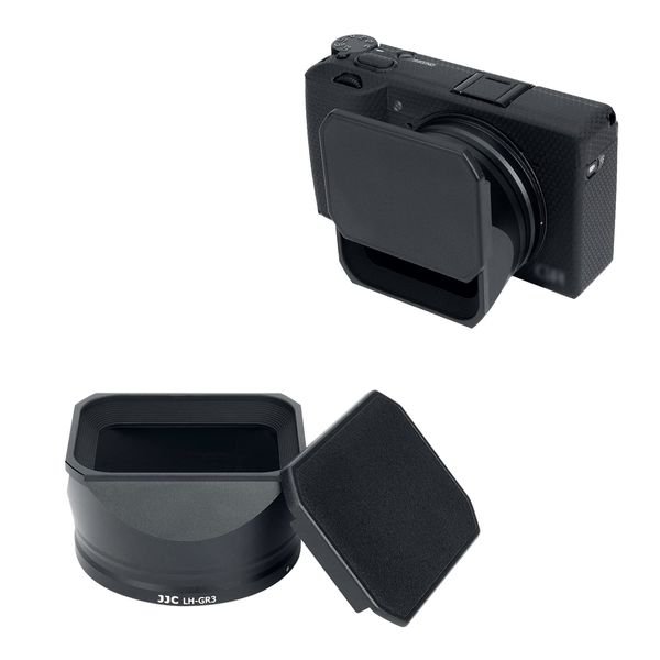 JJC Metal Rectangle Lens Hood + Hood Cap for Ricoh GR3 GRIII GRIII HDF Lens Protection Anti-glare Anti-Dust No Vignetting Black Aluminum Alloy