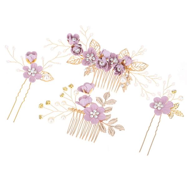 Toyvian Bridal Hair Piece 4pcs Handmade Wedding Hair Comb Clip Floral Girls Bridal Hair Accessories Rhinestone Hair Piece for Brides and Bridesmaid (Purple) Hair Combs