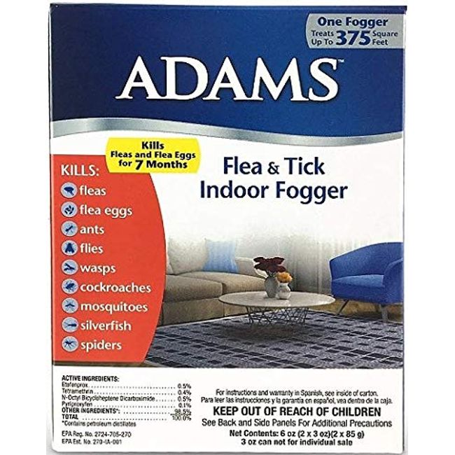 Adams Flea & Tick Indoor Fogger | 2 x 3 oz Cans | Kills Fleas, Flea Eggs, Ants, Flies, Cockroaches, Mosquitoes, Spiders, Silverfish| Each Fogger Treats Up to 375 Square Feet | 6 oz Total