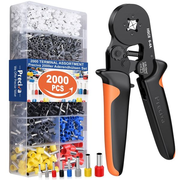 Ferrule Crimping Tool Kit, Preciva 0.25-10mm²/AWG23-7 Adjustable Ratchet Bootlace Ferrule Wire Crimping Tool, Bootlace Crimping Plier with 2000 Crimping Connectors and Wire End Terminals