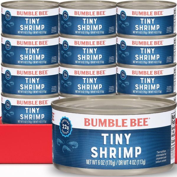 Bumble Bee Tiny Canned Shrimp, 6 oz Cans (Pack of 12) - Wild Caught Shrimp - 22g Protein per Serving - Gluten Free - Great for Appetizers, Shrimp Salad & Other Seafood Recipes