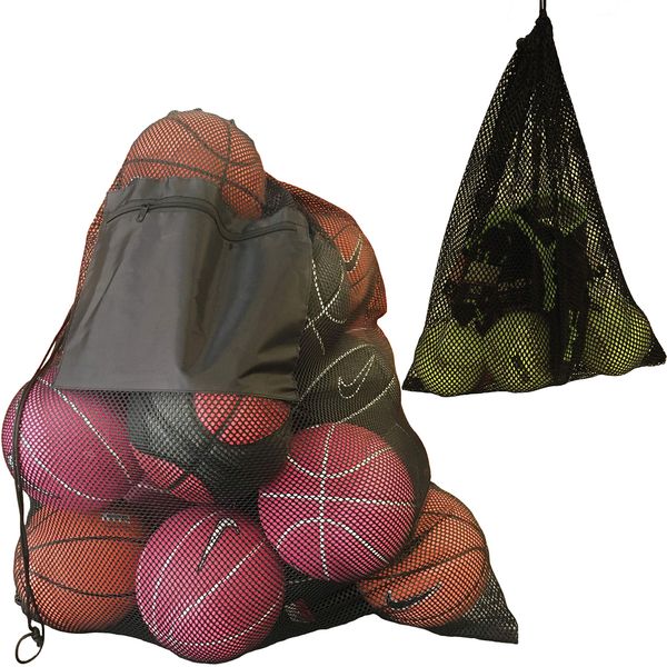 2 Pack Mesh Ball Bag, Mesh Sports Equipment Bags, Heavy Duty and Extra Thick Drawstring 29 Inch x 38 Inch Sport Mesh Ball Bag with Shoulder Strap and Front Pocket, Mesh Equipment Bag 14 x 18 Inch