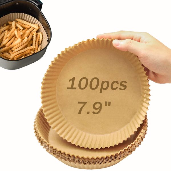 Air Fryer Disposable Paper Liner, 100Pcs Air Fryer Liners, Air Fryer Accessories Food Grade Parchment Paper Oil-Proof, Water-Proof, Baking Paper for Air Fryer,Steamer,Microwave (7.9in Round 100pcs)