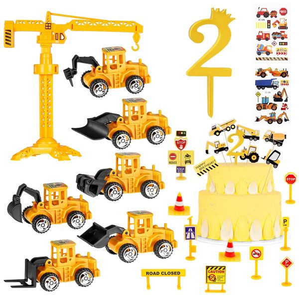 SOSPIRO Construction Digger Cake Toppers for 2 Year Old, Mini Digger Cake Toppers Dump Truck Excavator Tractor Cake Decoration with Road Toy Sign Construction Vehicle Stickers for 2nd Boys Kids