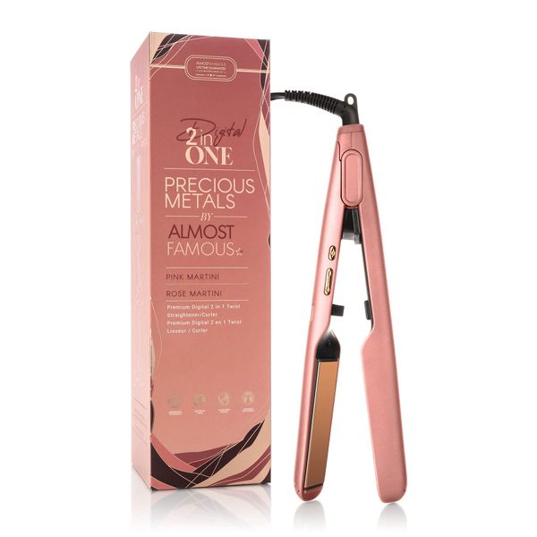 Almost Famous Digital 2 in 1 Twist Hair Straightener and Curling Flat Iron with Rose Gold Titanium Plates, Adjustable Heat Setting, Professional Beauty Tool for All Hair Type - Pink Martini
