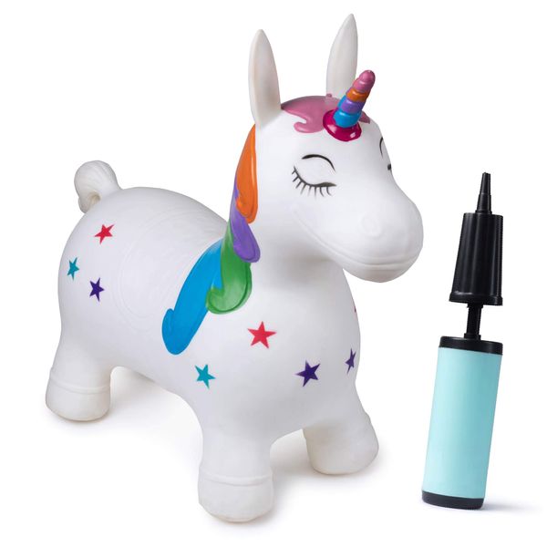 Hoovy Inflatable Bouncy Unicorn with Pump | Bouncing Unicorn Ride on Toy for Kids | Unicorn Jumping Hopper Gift for Toddlers & Children | Portable & Travel Friendly (White)