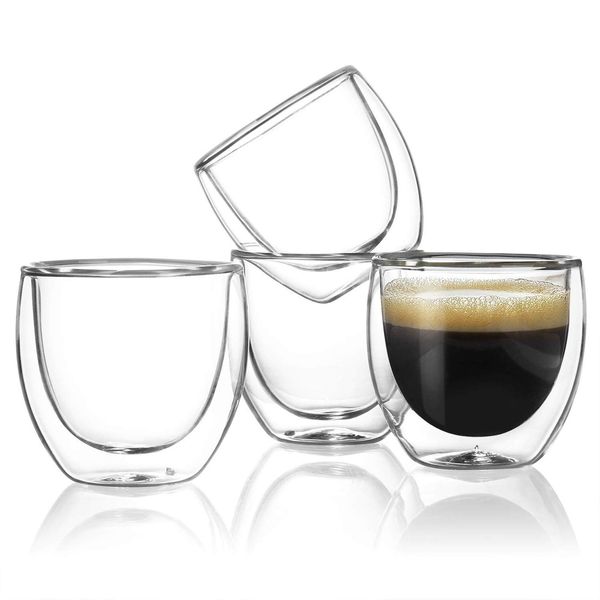 Sweese Espresso Cups Set of 4, Double Walled Glass Coffee Cups 4 Ounce, Insulated Espresso Shot Glass Cups for Espresso Accessories, Clear Glass Espresso Cups Suit for Espresso Machine