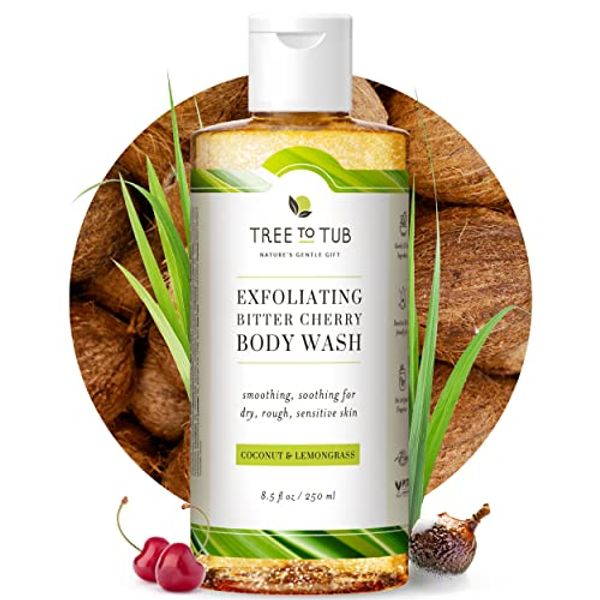 Tree To Tub Bitter Cherry Coconut Exfoliating Body Wash - Gentle Coconut Exfoliating Body Scrub for Sensitive Skin - Skin Exfoliator for Body for Women & Men w/ Natural Soapberry, Natural Cherry, Organic Rice