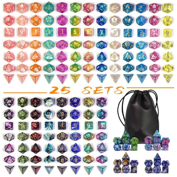 Poludie DND Dice Sets, 175Pcs Polyhedral D&D Dice with 4 Leather Bags for D&D (Dungeon and Dragon), Role-Playing Games, MTG Table Games(25Sets)