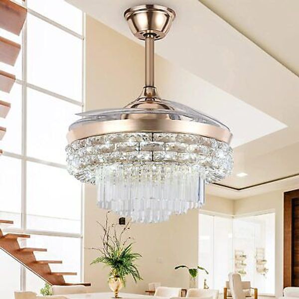 42" Luxury Crystal Ceiling Fan Light Modern Crystal Chandelier w/Invisible Blade