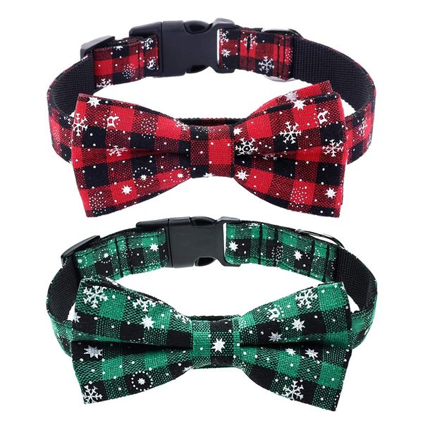 Malier 2 Pack Dog Collar with Bow tie, Christmas Classic Plaid Snowflake Dog Collar with Light Adjustable Buckle Suitable for Small Medium Large Dogs Cats Pets (Small, Red + Green)