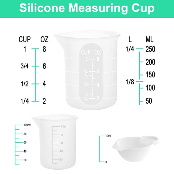 7 pcs Silicone Measuring Cups Kits, 1 pc 250ml Silicone Cups, 4 pcs 100ml Non-Stick Mixing Cups, 2 pcs 10ml Silicone Mold Cup Dispenser, for Casting Moulds, Jewelry Making, DIY, Crafts