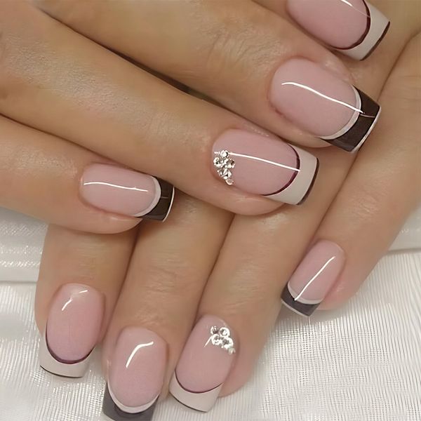 French False Nails 24pcs Short False Nails Square False French Tip False Nails Stick on Nails Glitter Black White Nude Diamond Press on Nails Removable Glue Women Girls Nail Art Accessories